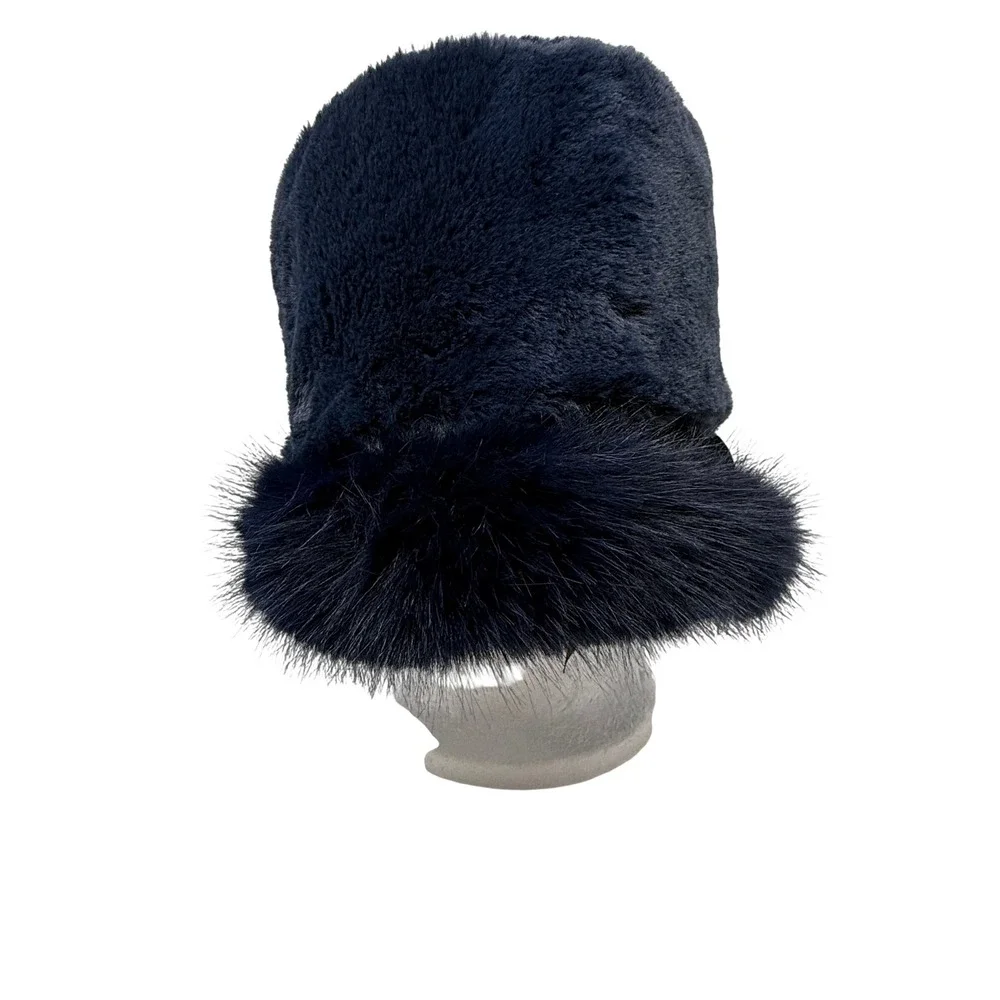 Navy Blue Faux Fur Pillbox Cloche Hat One Size Quilted Lining Winter Glam Retro